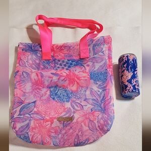 Lilly Pulitzer Pink and Blue Floral Mesh Tote And Travel Tumbler. NWOT.